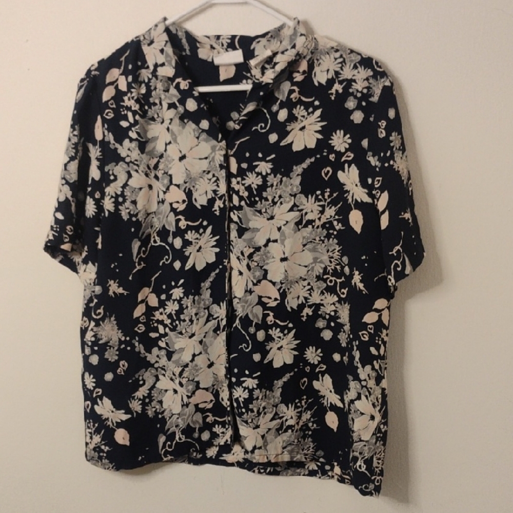 Koret Navy Blue Floral Button-Front Blouse
